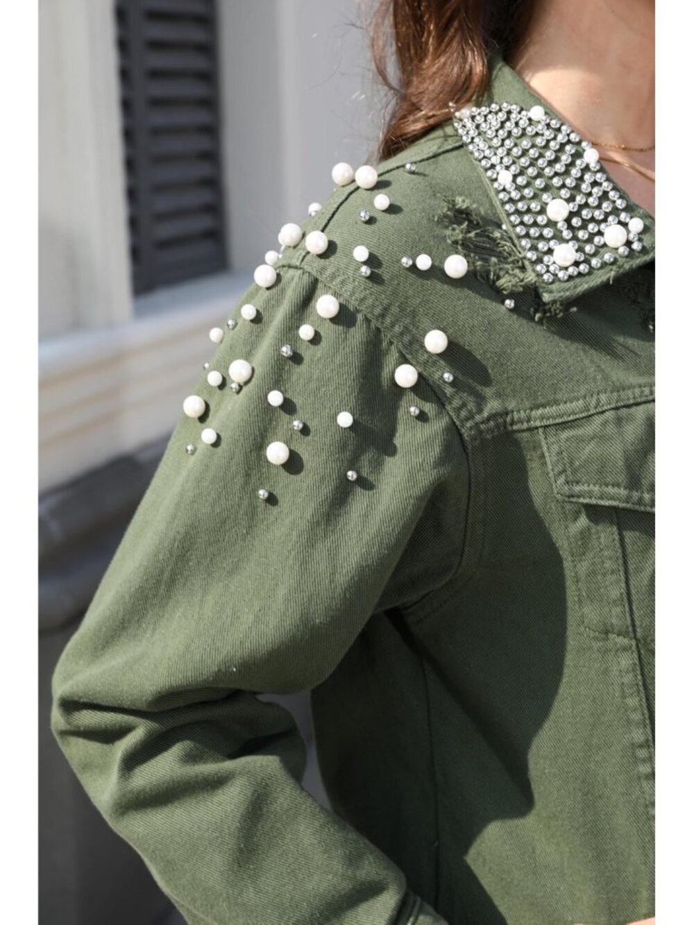 Women’s Green Long Sleeve Denim Jacket Pearl Button Down Imported Boyfriend Coat - Picture 5 of 6